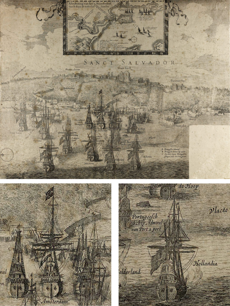Mapa e detalhe com os navios Amsterdã (capitânia)e Hollandia em frente ao porto de Salvador em 1627 (Mapa de Hessel Gerritsz).